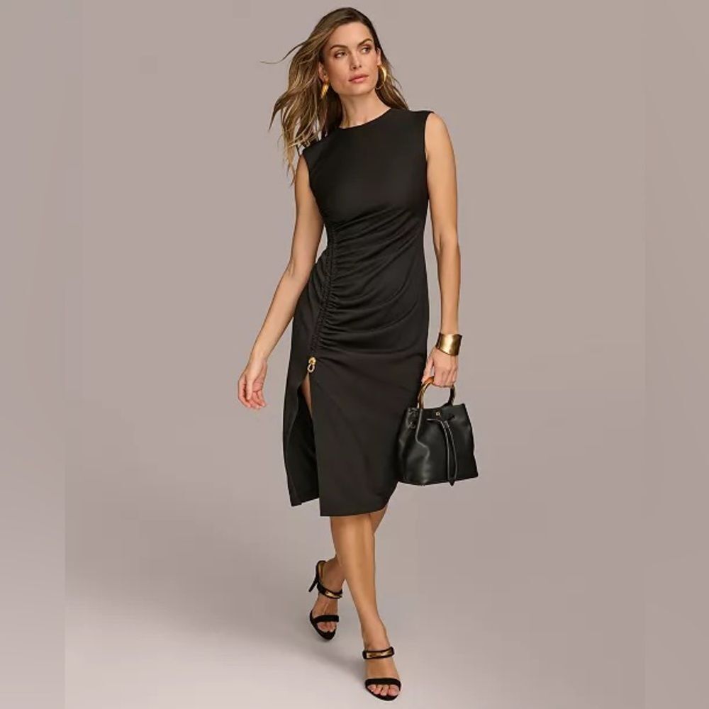 NWT Donna Karan | Black Side Ruched Gold‎ Loop Cap Sleeve Dress 4